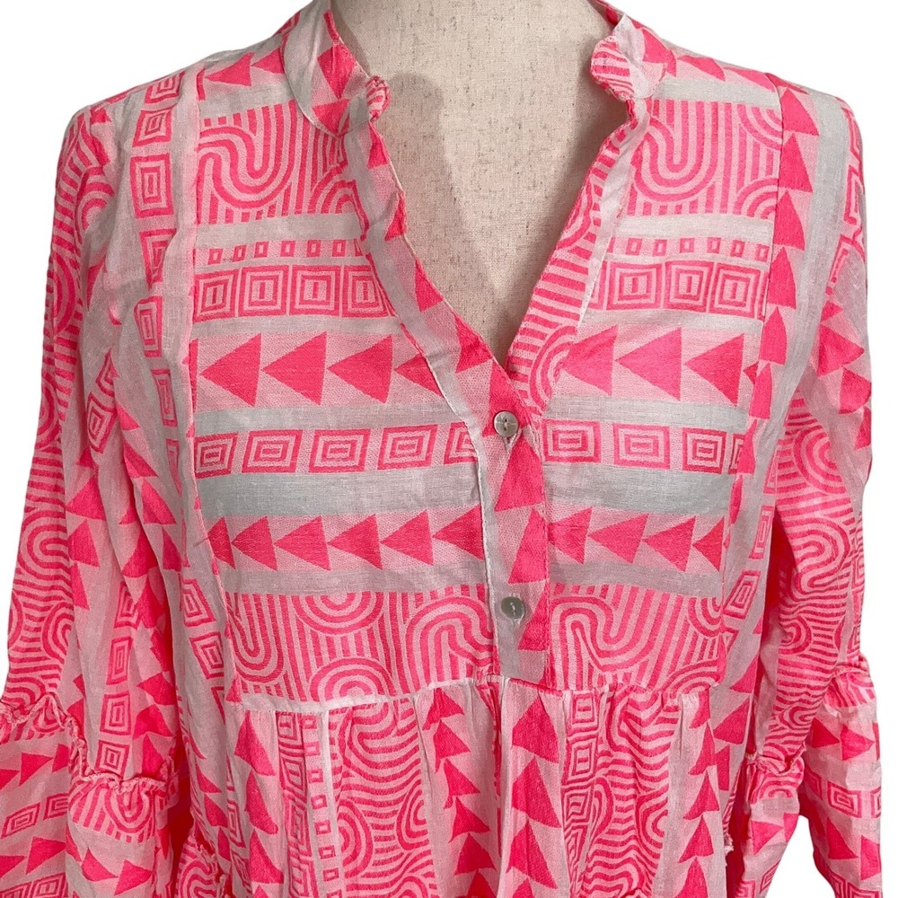 Sumitra‎ Dress Women OSFA Neon Pink Geometric Peasant Boho Tier Resort Kaftan - Picture 2 of 14